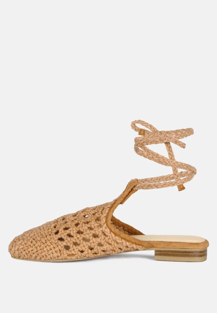 BARTSI Tan Handwoven Tie Up Flat Mules