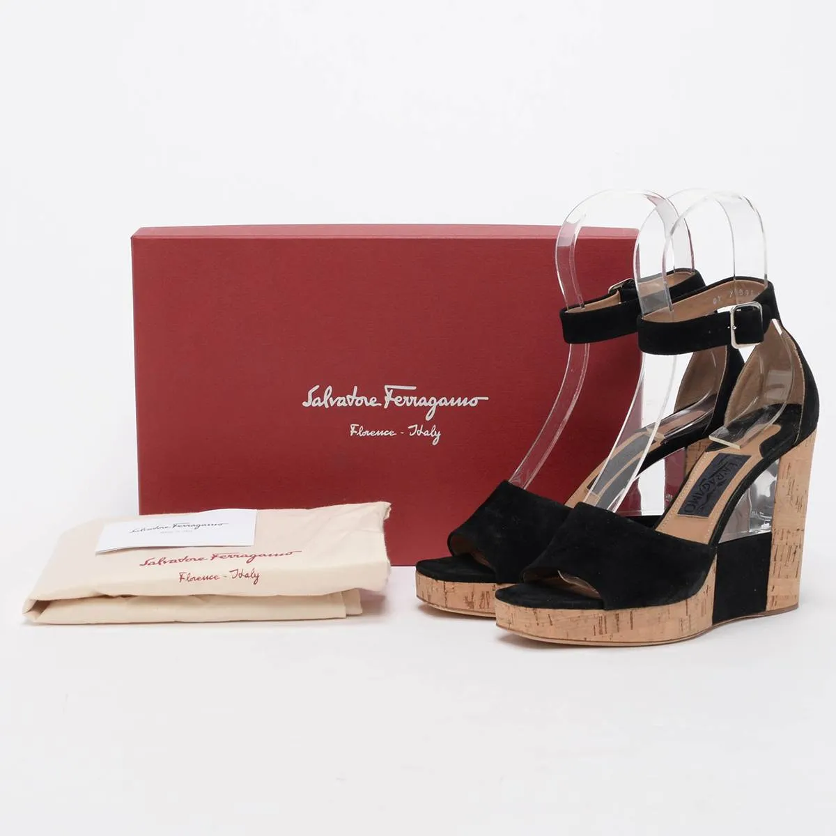 Ferragamo Black Suede Pert Cork Wedges 7.5