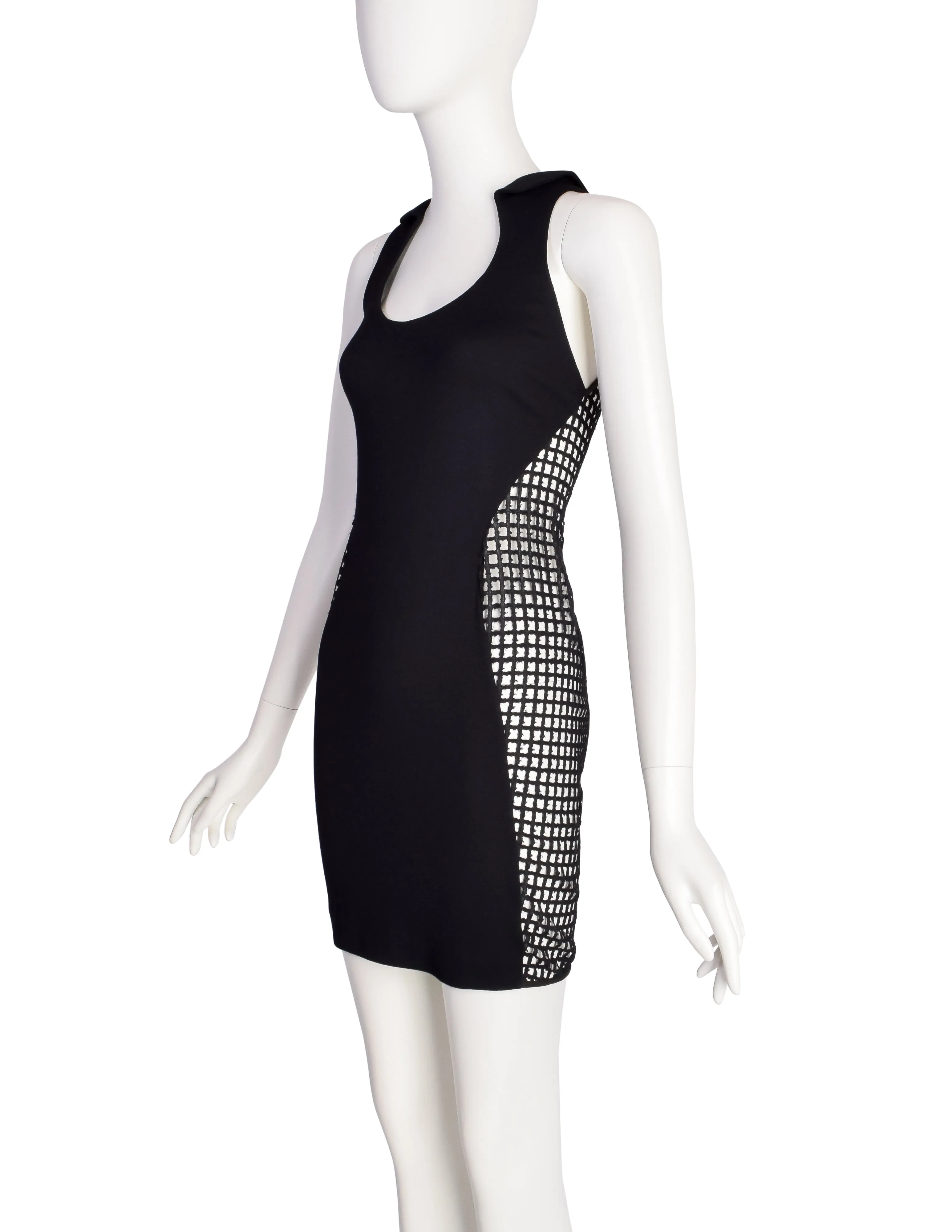 Geoffrey Beene Vintage 1990s Black Grid Cutout Side Bodycon Mini Dress