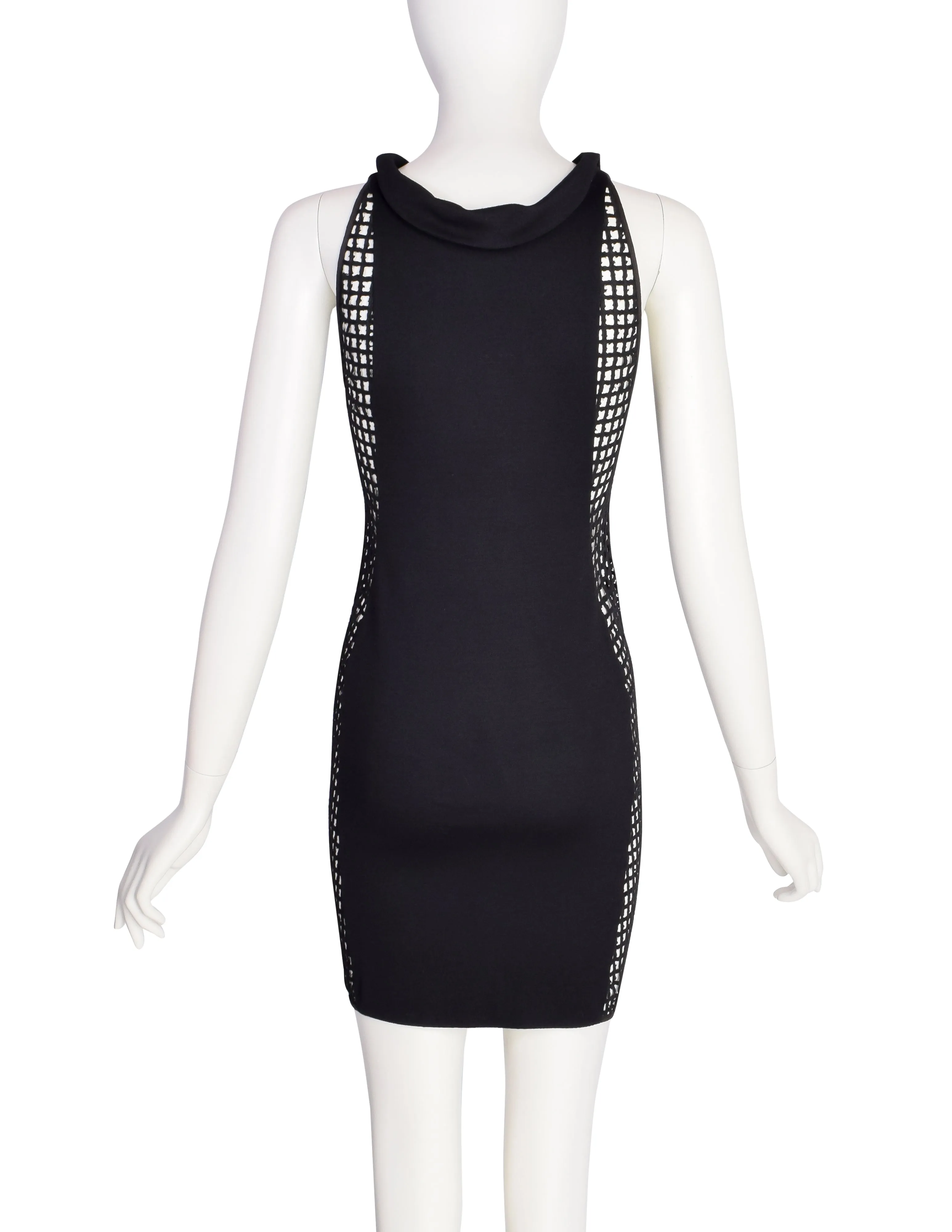 Geoffrey Beene Vintage 1990s Black Grid Cutout Side Bodycon Mini Dress