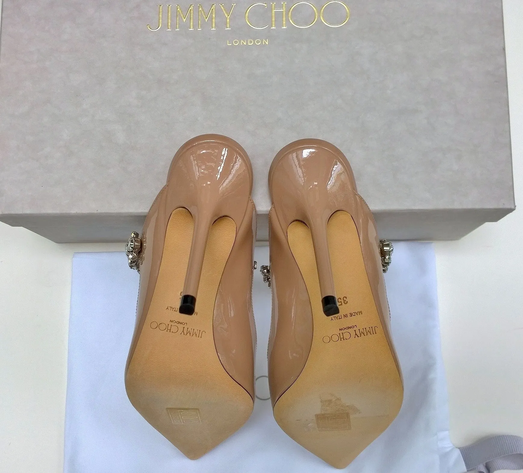 Jimmy Choo Bing 100 Ballet Pink Nude Patent Rhinestone Heels Mules