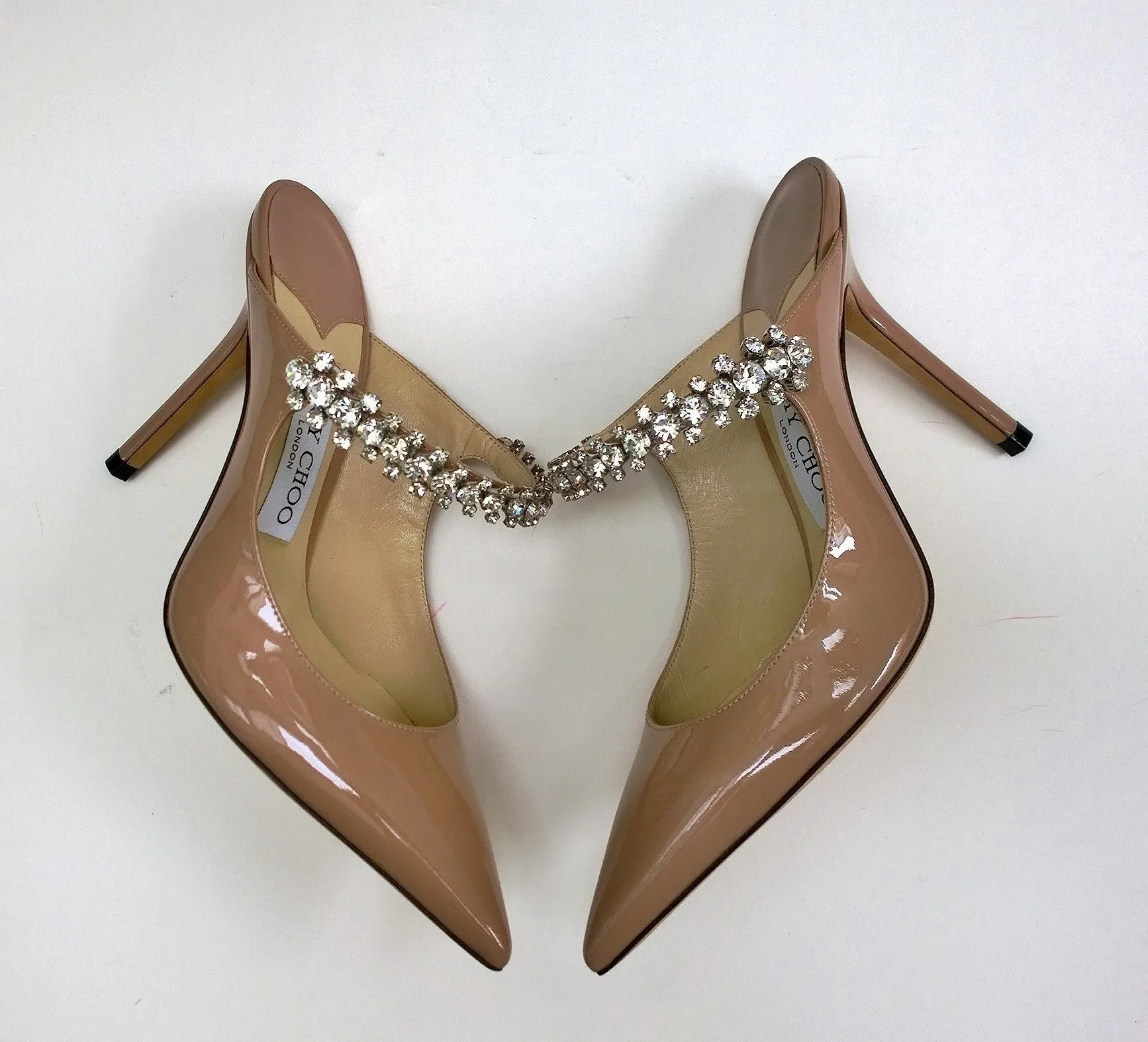 Jimmy Choo Bing 100 Ballet Pink Nude Patent Rhinestone Heels Mules