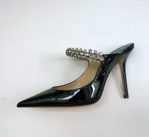 Jimmy Choo Bing 100 Black Patent Rhinestone Strap Mules Heels