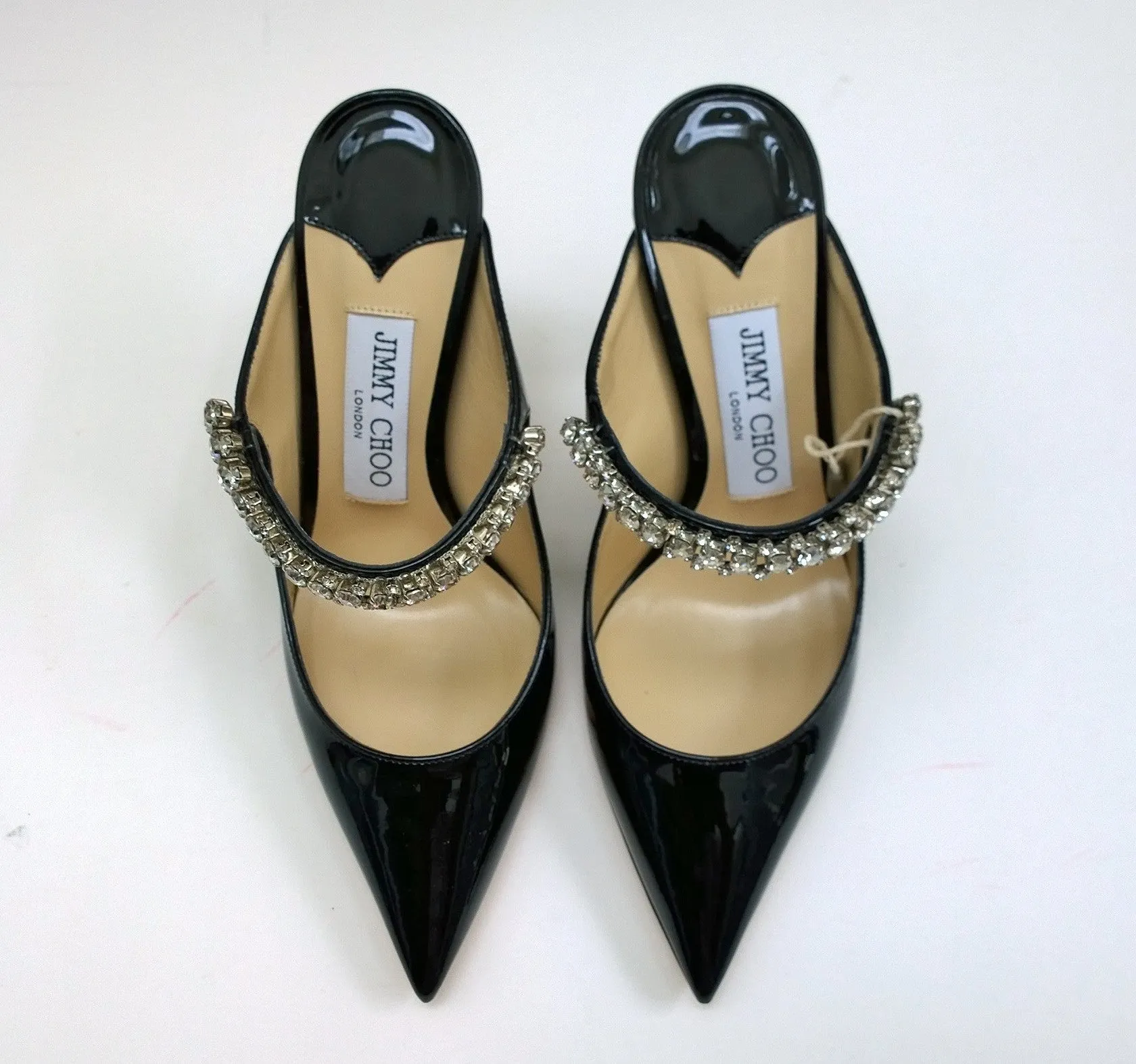 Jimmy Choo Bing 100 Black Patent Rhinestone Strap Mules Heels