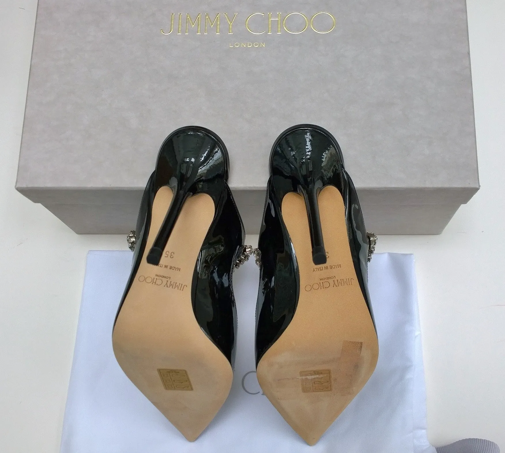 Jimmy Choo Bing 100 Black Patent Rhinestone Strap Mules Heels