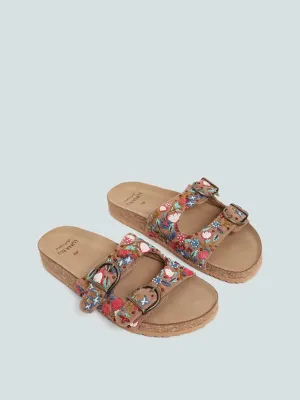 LUNA BLU Taupe Embroidered Double Band Comfort Sandals