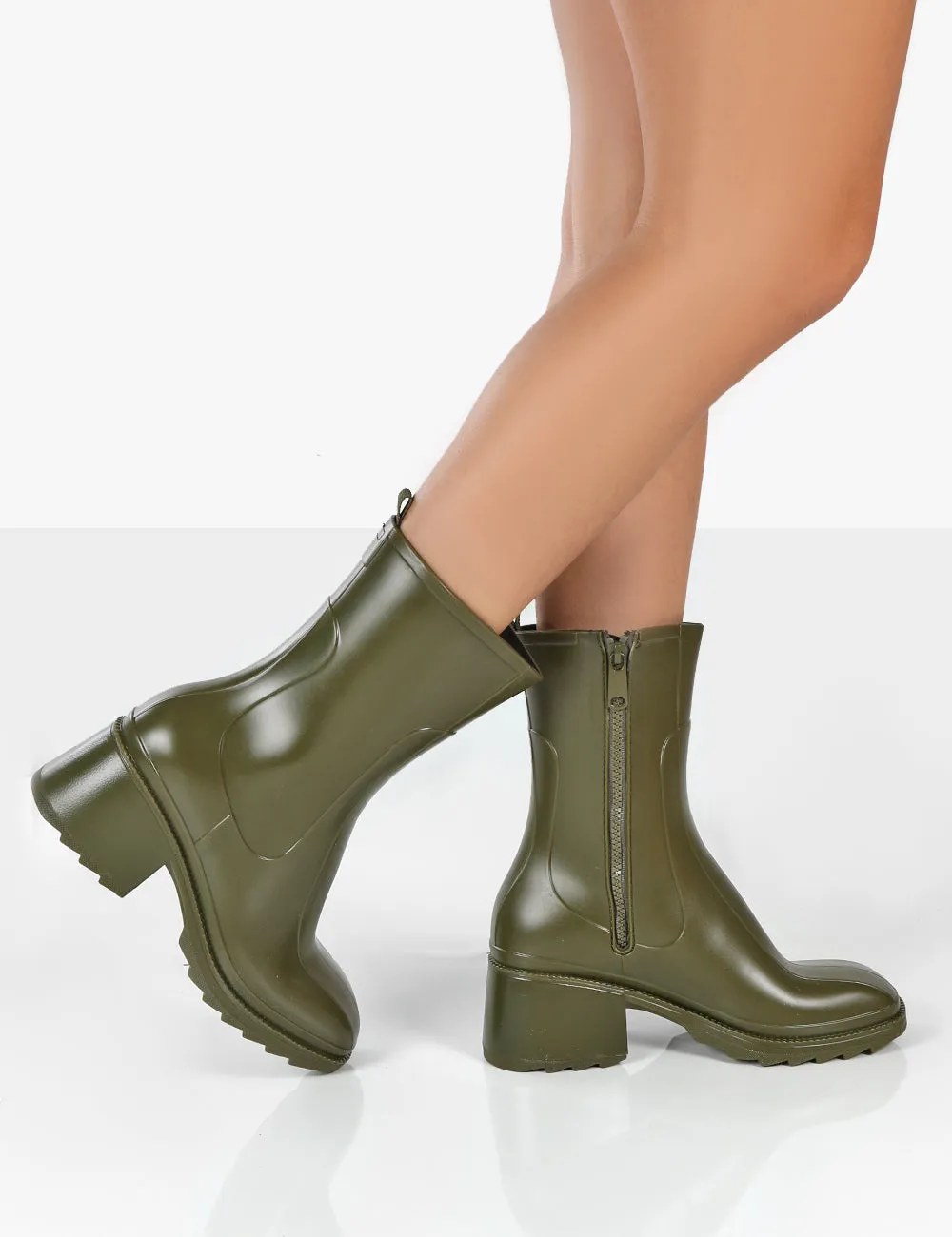 Rainyday Green Chunky Zip Up Heeled Wellies