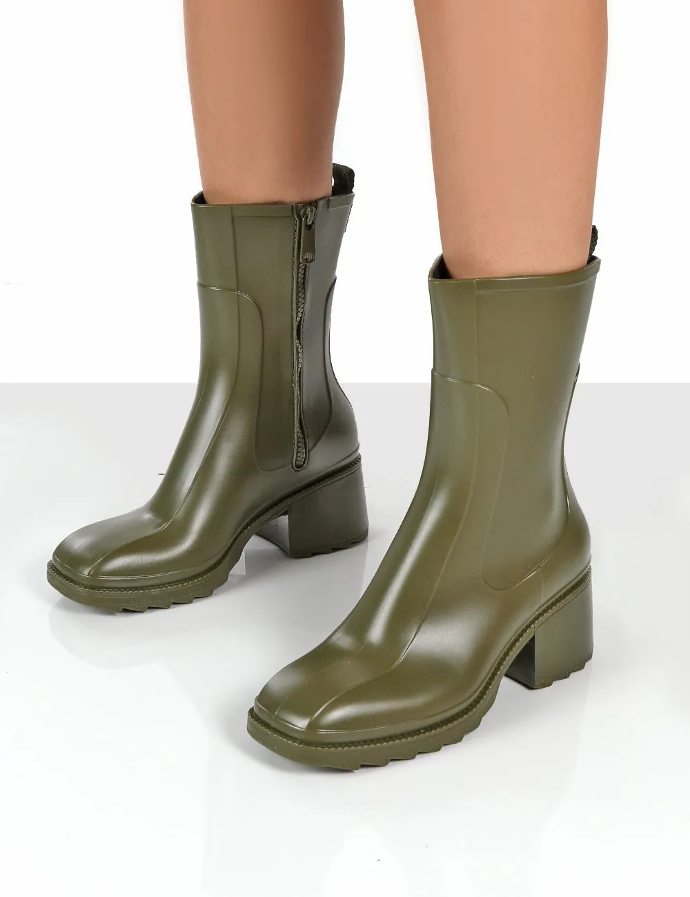 Rainyday Green Chunky Zip Up Heeled Wellies