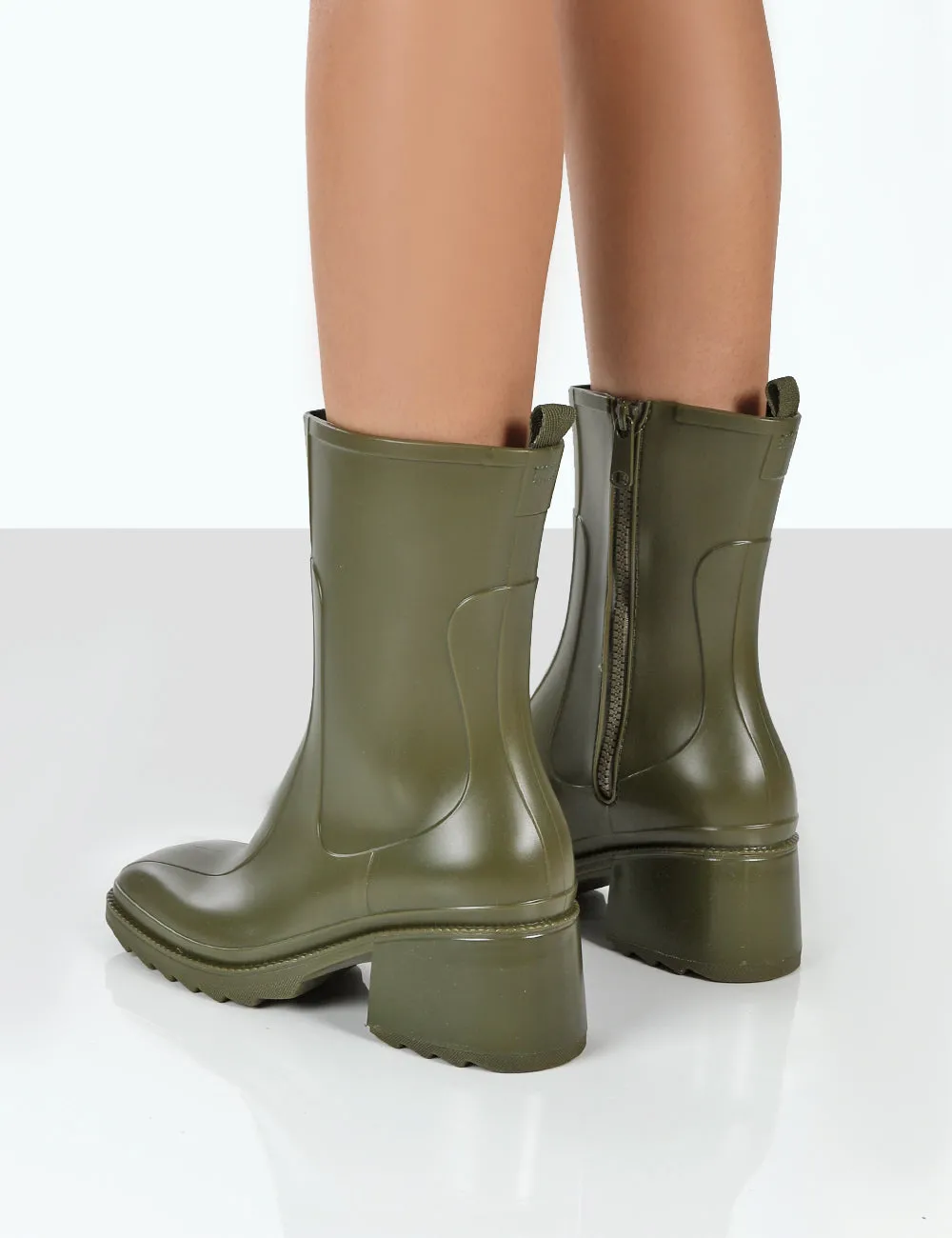 Rainyday Green Chunky Zip Up Heeled Wellies