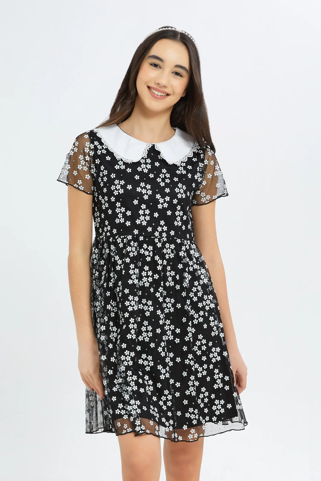 Senior Girls Black And White Mesh Dress