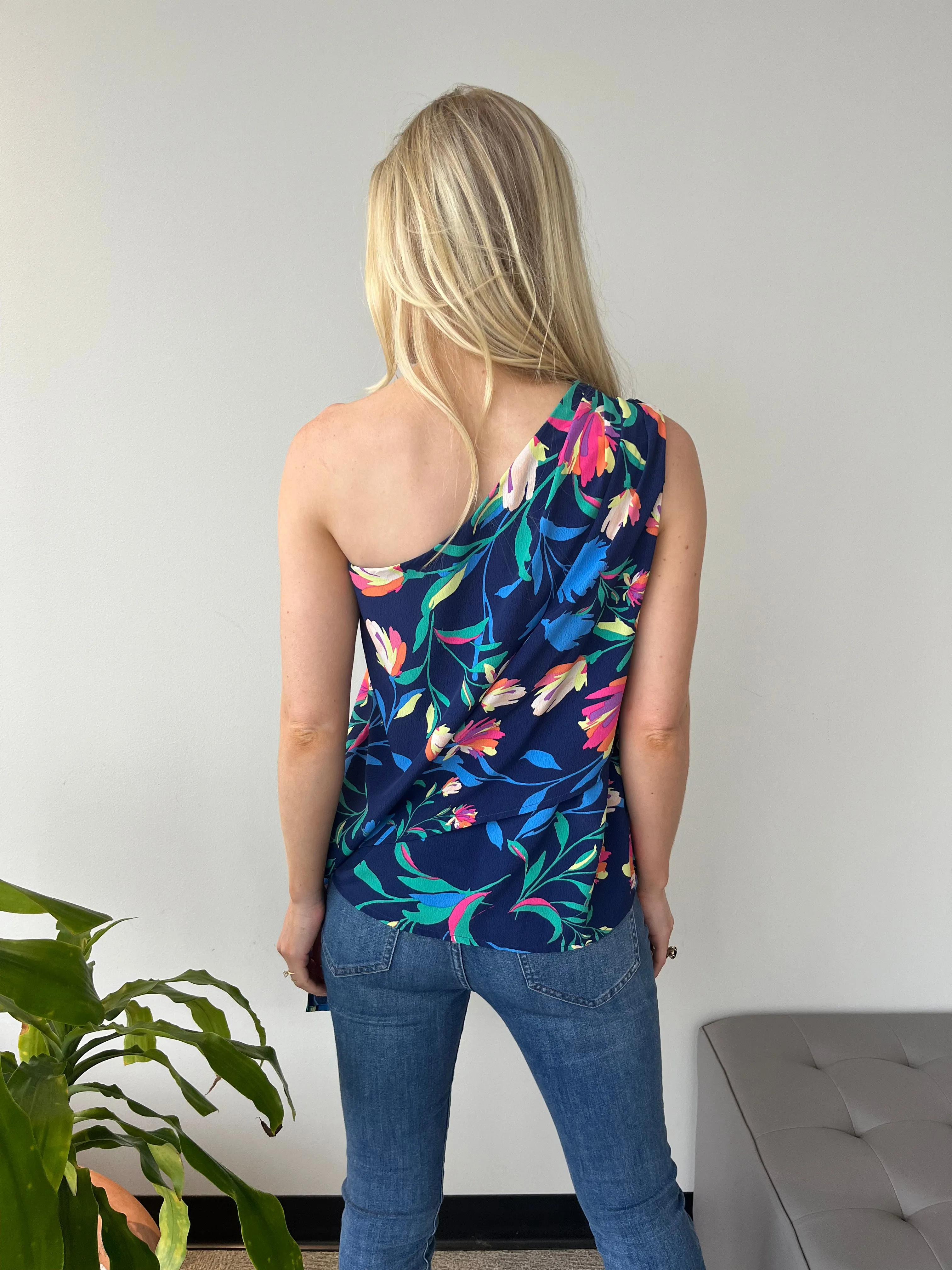 Summer Chic One Shoulder Tank - Blue Floral