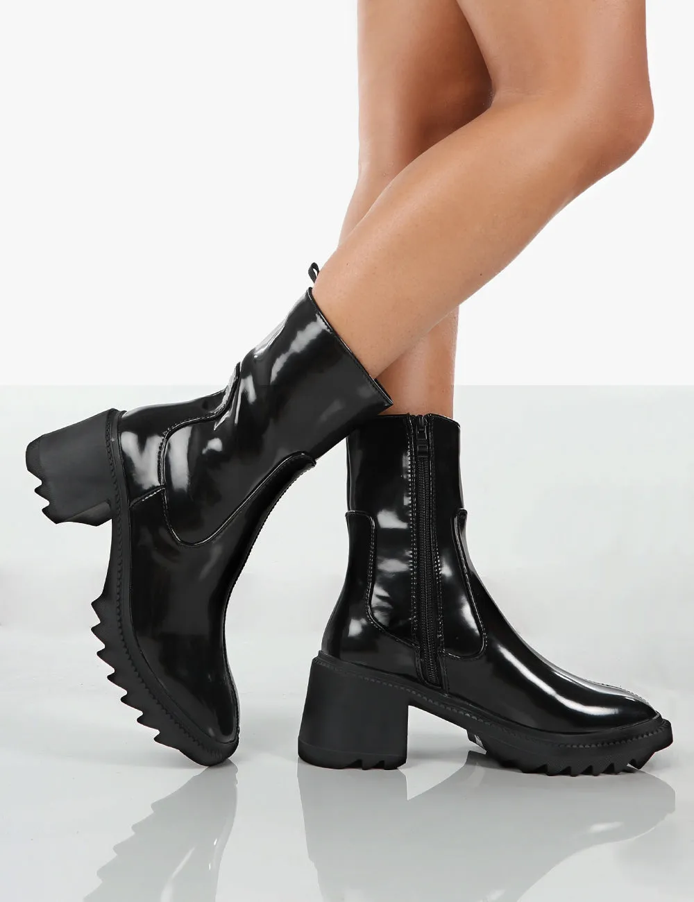 Sway Black PU Heeled Wellies Platform Chunky Sole Block Ankle Boots