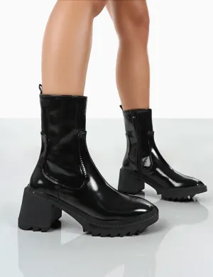 Sway Black PU Heeled Wellies Platform Chunky Sole Block Ankle Boots