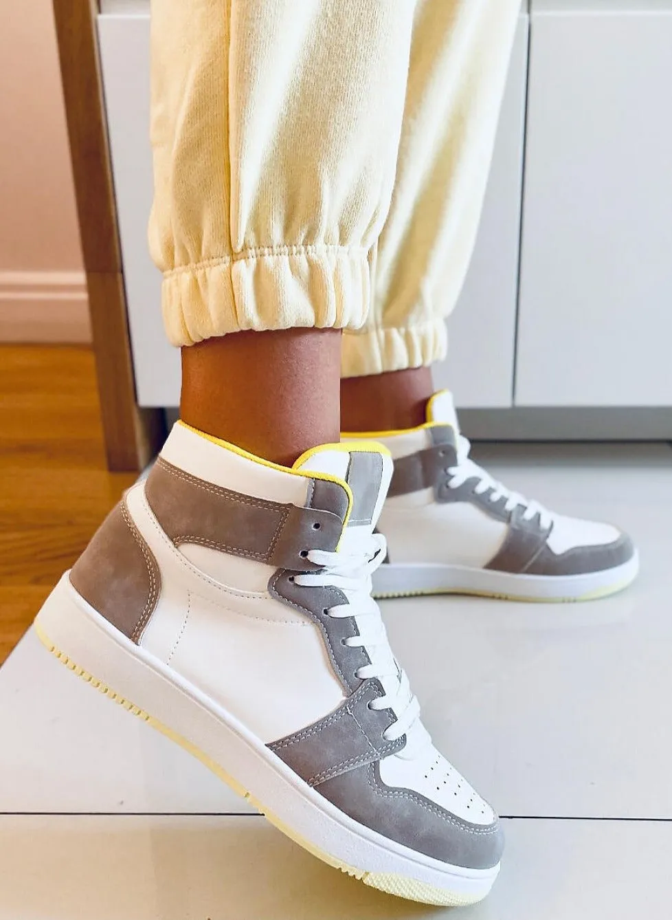 TEEK - White Stone Yellow Womens High-Top Sneakers