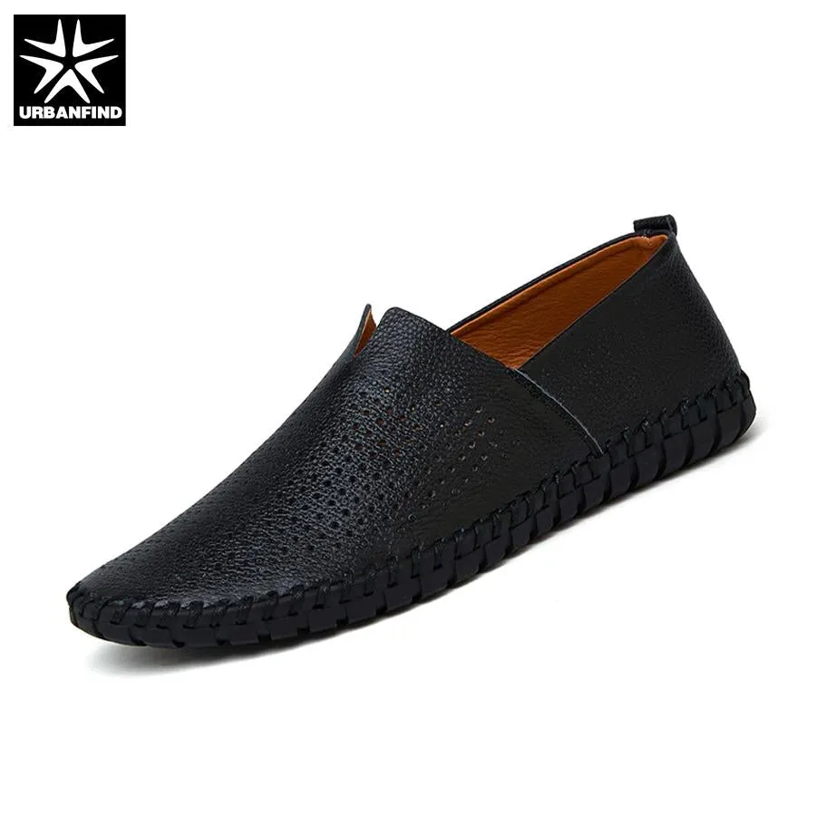 URBANFIND Summer Style Men Leather Loafers Slip-on Shoes Big Size 38-47 Hollow Design Man Breathable Casual Flats