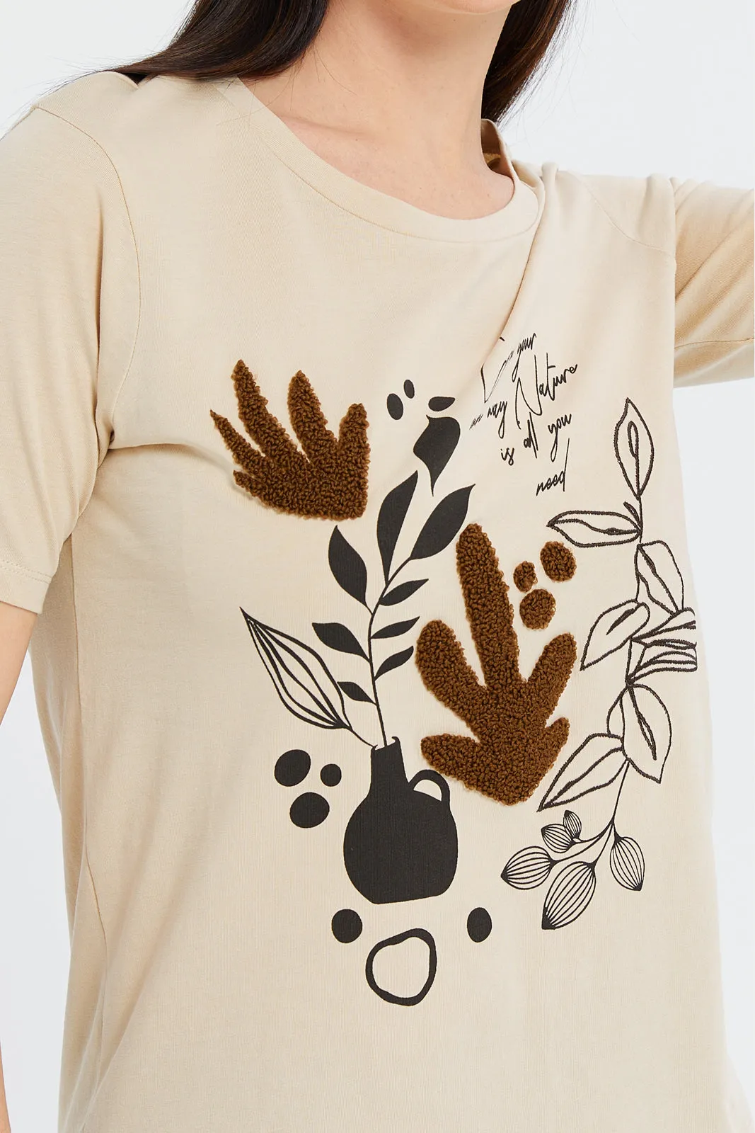 Women Beige Floral Embellished T-Shirt