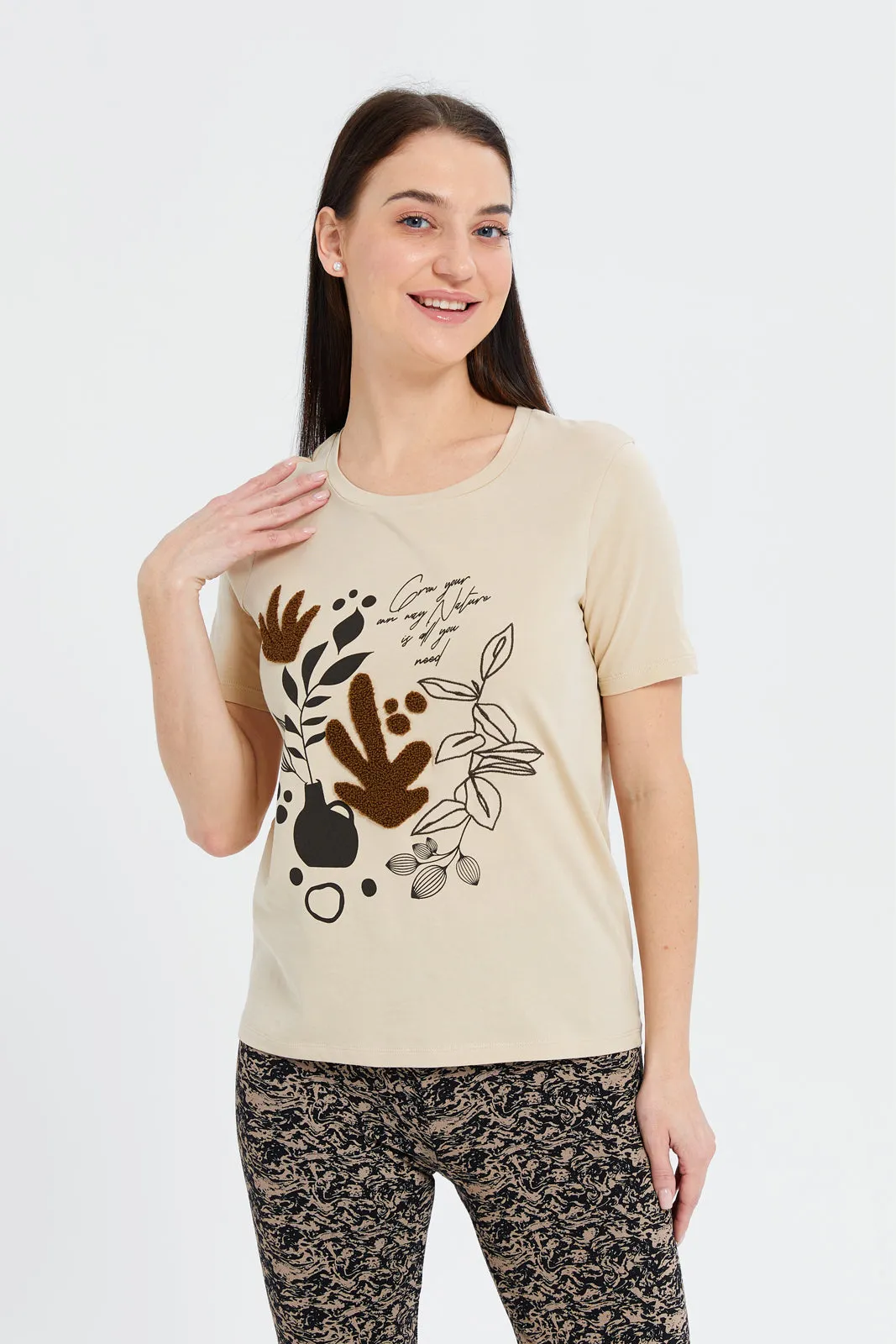 Women Beige Floral Embellished T-Shirt