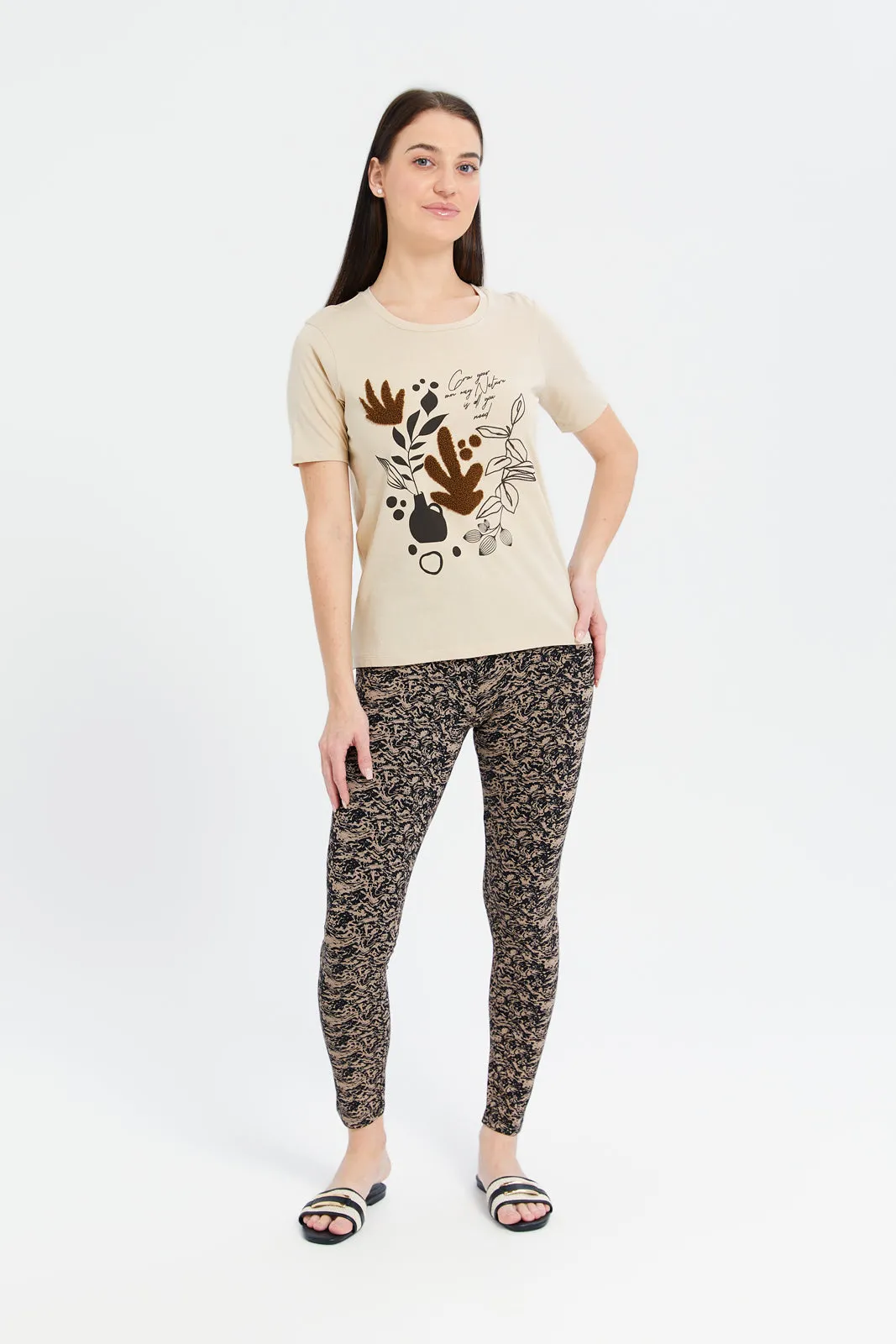 Women Beige Floral Embellished T-Shirt