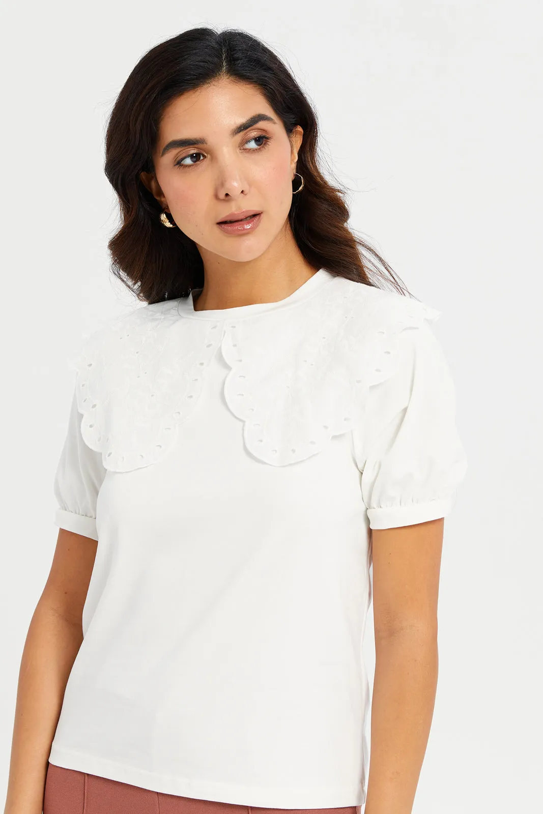 Women Ivory Embroidered T-Shirt