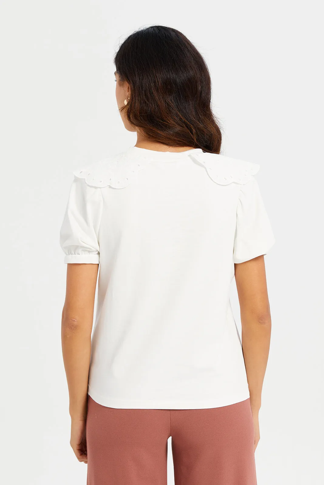 Women Ivory Embroidered T-Shirt